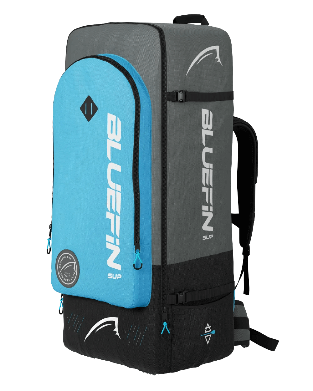 Gray and blue Bluefin SUP backpack with logo, zippers, and adjustable straps for carrying gear.