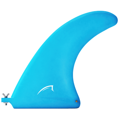 Blue surfboard fin with a curved shape and a mounting screw on one side