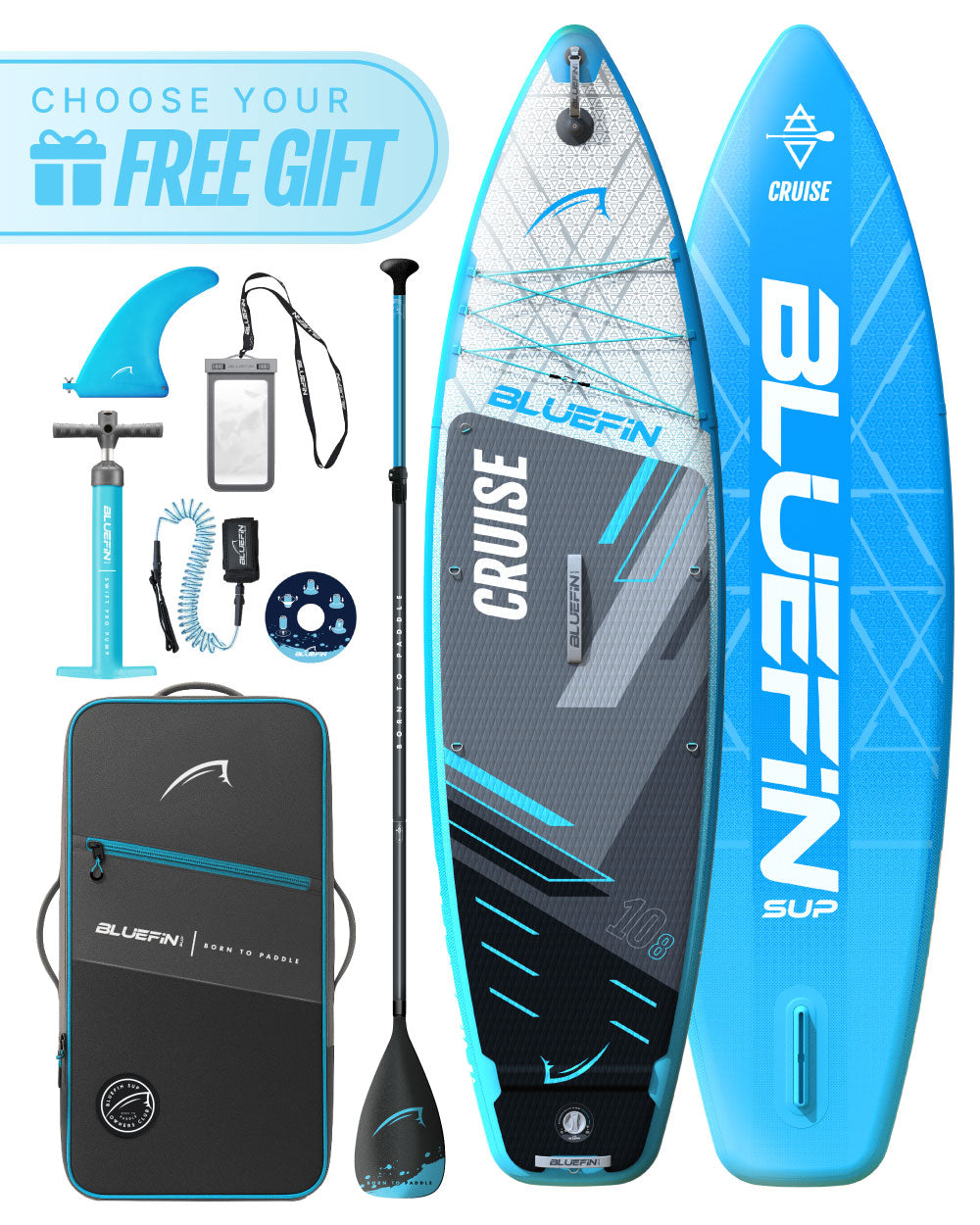 Inflatable paddleboard with blue and gray design, paddle, fin, pump, and accessories in a carrying bag.