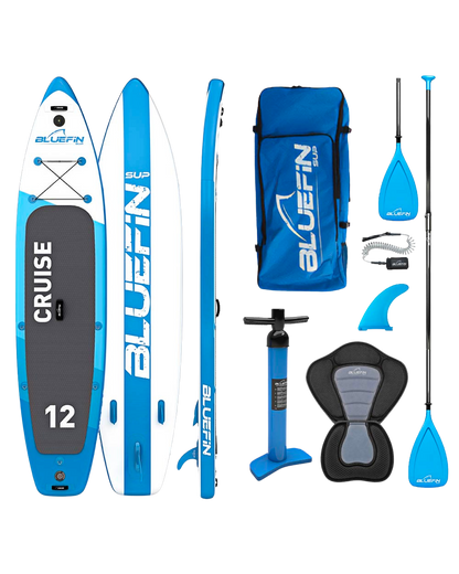 Inflatable paddleboard with textured deck, center fin, pump, paddle, and carrying bag in blue and gray.
