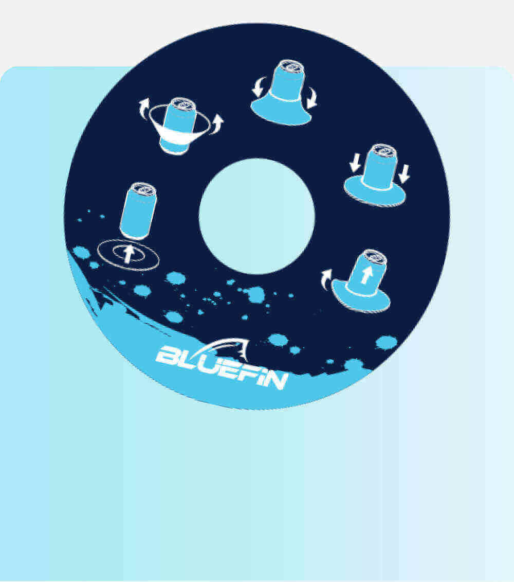 Circular graphic showing paddleboard features with arrows indicating movement directions and "BLUEFIN" text.