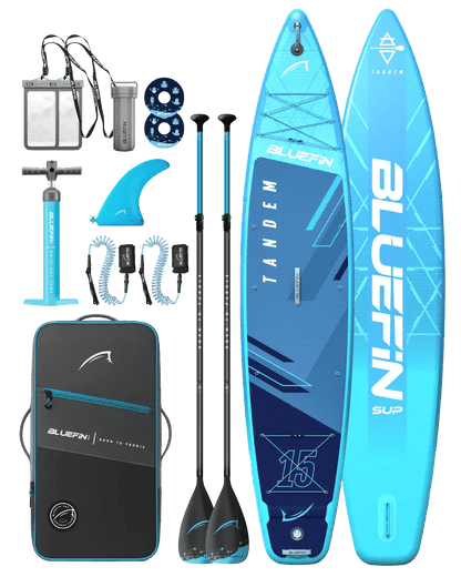 Inflatable tandem paddleboard in blue with two paddles, pump, fin, and carrying bag.