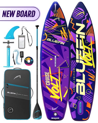 Inflatable paddleboard with colorful design, paddle, fin, pump, and carrying bag included.