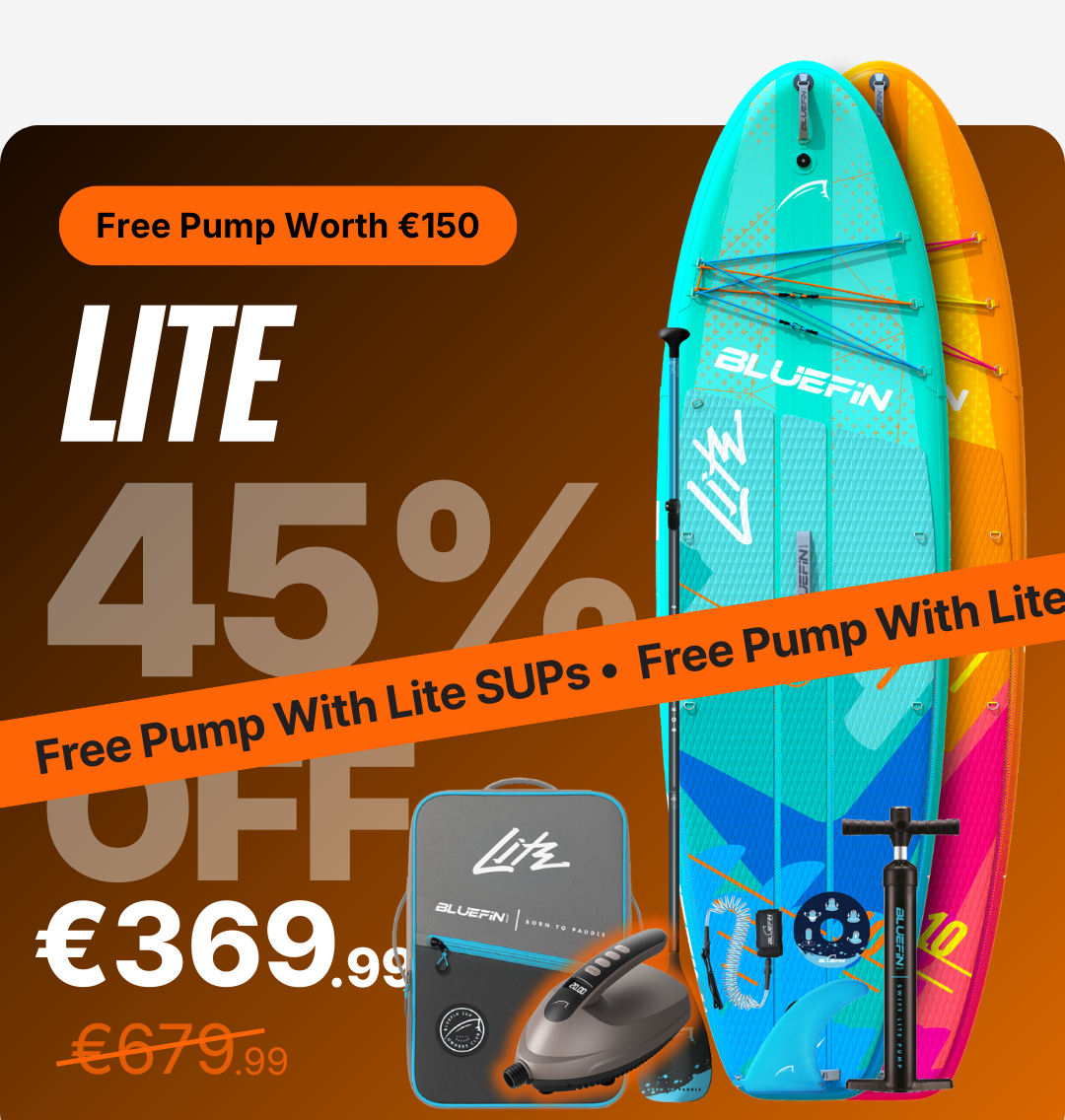 Two inflatable paddleboards in blue and orange with a pump and carrying bag, showing sale details.