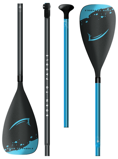 Paddle with a black blade featuring blue accents, adjustable shaft, and textured grip for comfort.