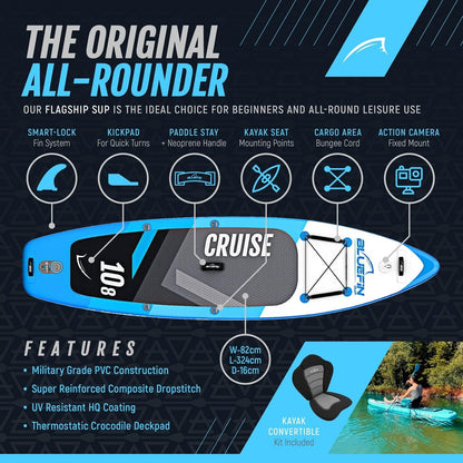 Inflatable paddleboard with blue accents, textured deck, and features like kayak seat and bungee cord.