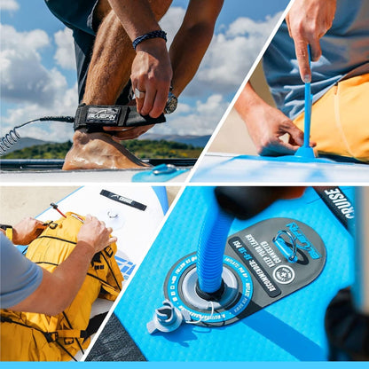 Person attaching ankle leash to foot, inflating paddleboard, and securing gear on blue paddleboard